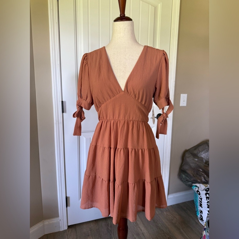 Attard State Tiered Mini Dress Rust Orange Short Sleeve Tie V‎ Neck Womens S